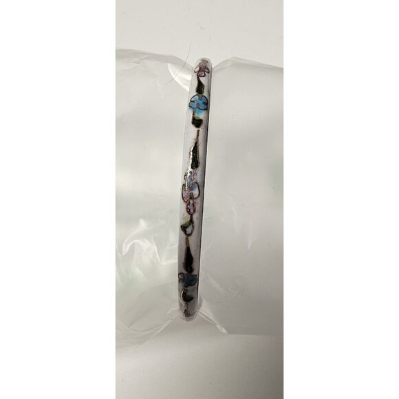 Vintage Cloisonné Large White Pink Green Flower Enamel Bangle Bracelet - Picture 4 of 10